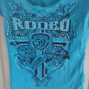 Women's Teal Aqua Blue National Finals Rodeo Sparkly Shirt Size Medium Vegas